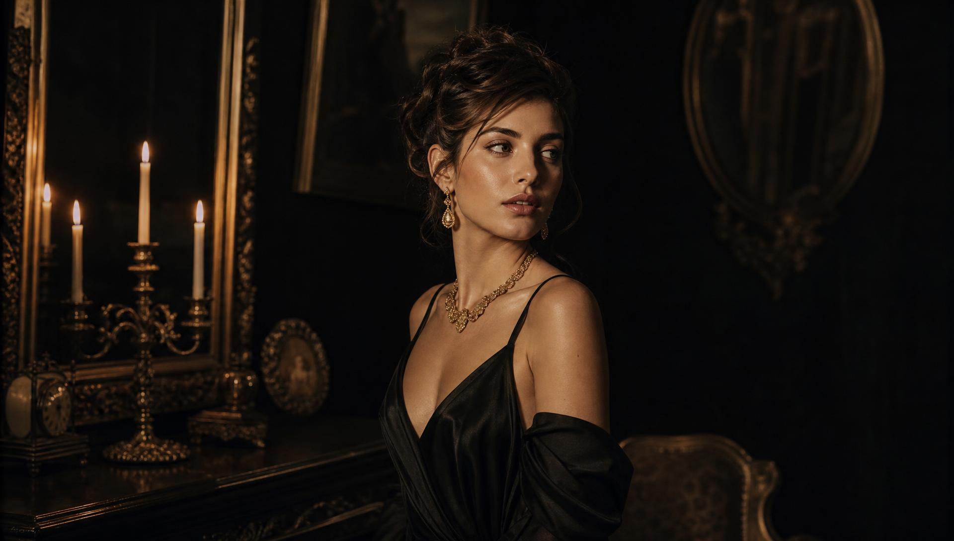 High-fashion editorial portrait in a candlelit black and gold salon